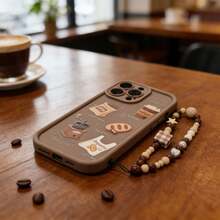 1 buah Gelang Fashion + Motif Kopi & Roti DIY Perekat Tebal Pelindung Ponsel Tahan Guncangan, Desain Minimalis Kompatibel Dengan iPhone 17 Air/17 Pro Max/17 Pro/17/16/15/14/13/12, Seri - Coklat - View 3