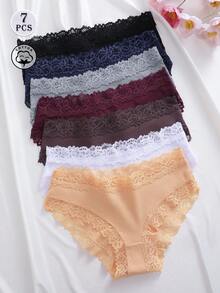 7pcs Solid Color Cotton Lace Patchwork Ribbed Sexy Romantic Comfortable Low Waist Women's Triangle Panties - Multicolor - View 4