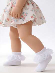 5 Pairs Newborn Baby Girls White Lace Ruffle Socks, Breathable Princess Style Pleated Socks Suitable For Newborns & Toddlers - Multicolor - View 8