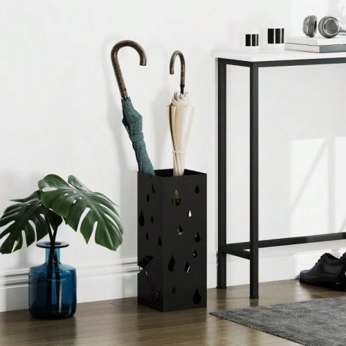 Umbrella Stand, 4 Hooks, Drip Tray, Steel, Black - C - View 1