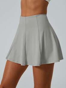 NcmRyu 1pc Women Solid Color Elastic Lining Shorts With Pockets, Sports Tennis Skirt - Grey - View 9