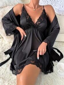 Bộ đồ ngủ ren phối màu tương phản sang trọng - Váy ngủ cổ chữ V sâu với áo choàng dài tay và thắt lưng, chất liệu co giãn, đồ ngủ thanh lịch dành cho nữ giới trong mọi mùa. - màu đen - Xem 9