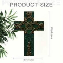 Una cruz celta retro que mide 8x12 pulgadas - Adornos estilo granja con acentos verdes y dorados y materiales artificiales, adecuados para colgar en interiores en salas de estar, oficinas y cafés - Perfecto para Halloween, Navidad, Pascua - Retro - Ver 1