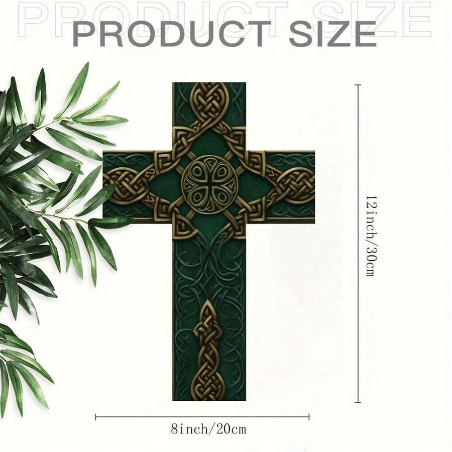 Una cruz celta retro que mide 8x12 pulgadas - Adornos estilo granja con acentos verdes y dorados y materiales artificiales, adecuados para colgar en interiores en salas de estar, oficinas y cafés - Perfecto para Halloween, Navidad, Pascua - Retro - Ver 1