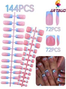 144pcs Blue French Manicure Set. Square Glossy Acrylic Artificial Nails. Suitable For Daily Wear. Reusable And Cost-Effective Nail Kit - Multicolor - View 7