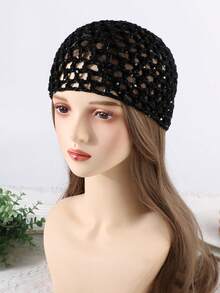 1 pieza Gorro de mujer de moda con crochet hueco y lentejuelas, adecuado para uso diario - Gorro de lana con doble forro - Ver 19