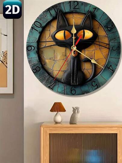 1 pieza Reloj de pared digital de madera redondo negro de 10-12 pulgadas con diseño de gato, de funcionamiento silencioso a pilas, adecuado para decoración del hogar y regalos, pilas no incluidas