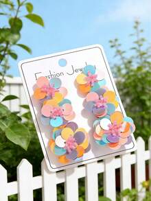 一对炫彩花朵吊坠耳环，多层渐变亮片吊坠耳环，优雅清新的女士耳环 - 彩色 - 查看 6