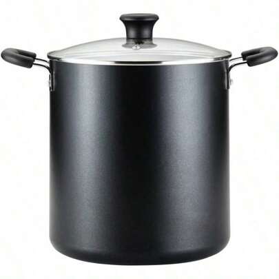 Olla alta antiadherente especializada de 12 cuartos de galón con tapa, apta para horno a 350°F, asas frías al tacto, para cocina, utensilios de cocina, ollas y sartenes, olla alta, olla para sopa, olla de cocción, apta para lavavajillas, color negro