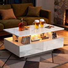 Coffee Table With Storage, High Glossy 16 Color Adjustable LED Coffee Tables For Living Room, White Coffee Table With Open Display Shelf And 4 Drawers, Modern Wooden Rectangle Tea Table - White - 90*55*41cm - View 2