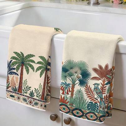 2条波西米亚热带棕榈树印花厨房毛巾，100%涤纶材质，适用于餐厅、厨房和家居装饰；速干、轻便、不易褪色、不易掉毛、防霉、色牢度高，尺寸40*60厘米