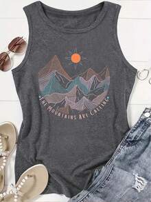 2026 Spring/Summer New Women's Comfortable Loose And Casual Daily Versatile Tank Top, Women's Simple Landscape Sun Pattern Tank Top, Leisure Commuting Versatile Sleeveless Top, Fashionable Summer Women's Sportswear, Leisure Beach Wear, Suitable For Outdoor Leisure, Fitness, Yoga, Running, Women's Clothing, Summer Dressing, Fun Element Tank Top. - 灰色 - 查看 5