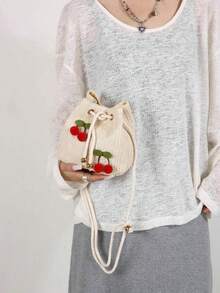 草莓时尚新款单肩斜挎包手提包通勤包抽绳水桶包简约樱桃单肩包，夏季草编包 - 米色 - 查看 8