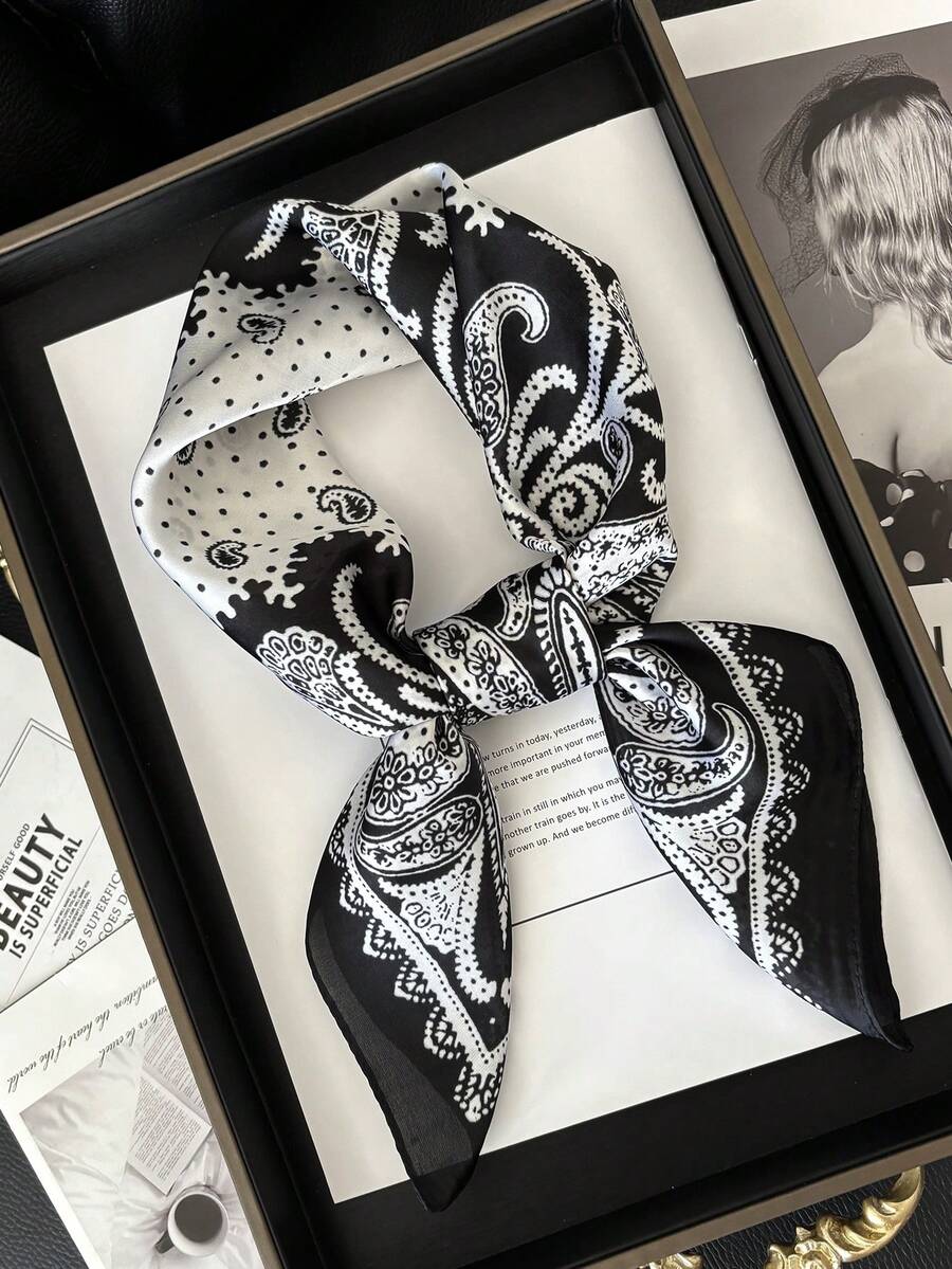 1 pieza Pañuelo cuadrado de seda con estampado geométrico para mujer, chal decorativo adecuado para uso diario, playa, vacaciones - Multicolor - Ver 1