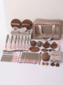 49件套化妆工具套装，包含：30支化妆刷套装+2个圆形粉扑+1个多功能防水拉链化妆包+1个发圈+2个化妆海绵+2个三角粉扑+1个睫毛夹+2个气垫粉扑+1个化妆刷清洁工具+2个手碗挂绳+1个面部冰敷袋+2个迷你气垫粉扑+2个迷你化妆海绵，一应俱全，新手友好 | 方便旅行携带，送礼佳品 | 新手/女性的完美之选 - 彩色 - 查看 1