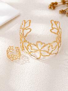 2 piezas Conjunto de joyería retro francés con flores huecas | Accesorios de moda para mujer - Dorado - Ver 6