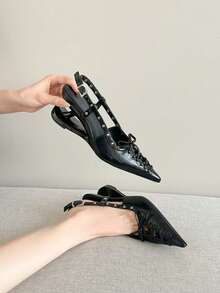 Asymmetric Heel Black Pointed Toe Women's Pumps, Rivet Bowknot High Heels, Versatile Open Toe Strap Black Sandals, Retro Fashion High Heels Suitable For Dresses - Black - View 3
