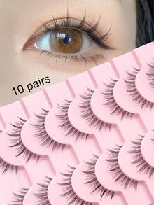 10 Pairs Natural-Looking Little Devil False Eyelashes, Transparent Stem Soft Whole Piece Daily Makeup Tool, Slouchy Essential Eyelash - Black - View 8