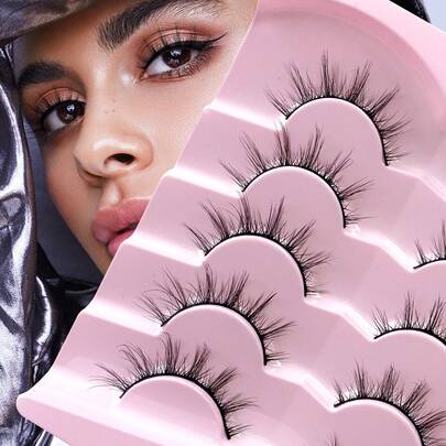  ENCHUW 5对装假睫毛，自然逼真仿貂毛假睫毛，蓬松柔软，日常佩戴美妆工具