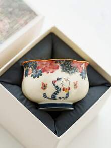 1件套摩卡茶具配件 - 青柠白陶瓷杯，荷叶边杯沿，猫咪图案，适合送礼亲友或居家品茶，精致茶室装饰，高端茶具托盘 - 彩色 - 查看 9