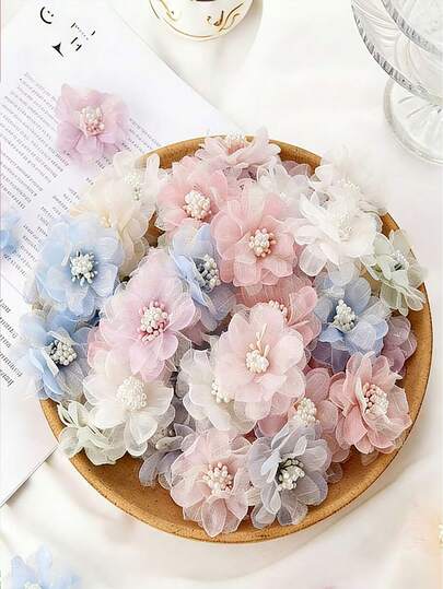 10 piezas de flores de iris artificiales para decoración DIY, accesorios, pegatinas de tela de colores múltiples adecuadas para coser, manualidades, artes, patchwork, ropa, sombreros y bolsos, con pétalos de forma transparente de gasa, se pueden usar para hacer tocados, zapatos, decoraciones y accesorios de ropa.