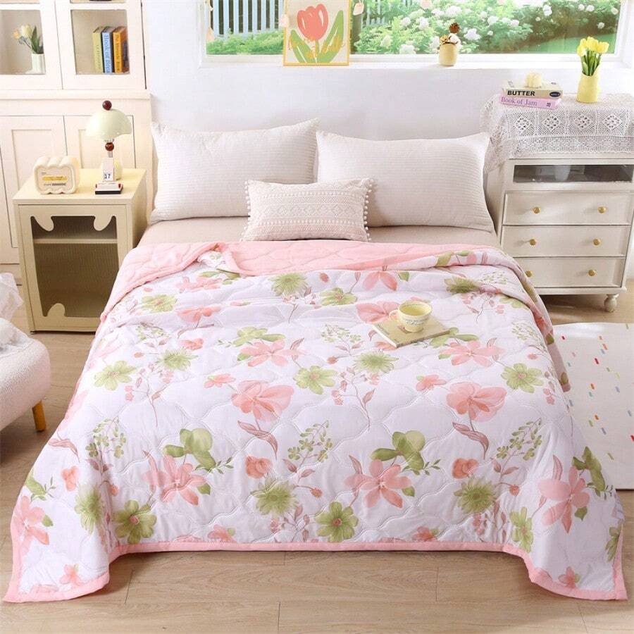 1 chiếc chăn bông in hoa, chăn mỏng nhẹ, chất liệu vải pha polyester mềm mại, có thể giặt máy, lý tưởng cho trang trí phòng ngủ, thiết kế chăn ga gối hiện đại, thoải mái cho mùa hè, trang trí đẹp mắt cho mùa thu, trang trí phòng. - Hồng - Xem 1