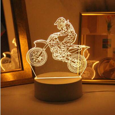 1个USB 3D摩托车创意夜灯，LED装饰台灯，适用于客厅、卧室、办公桌和餐桌装饰，也可作为朋友卧室装饰灯、生日或毕业礼物送给朋友和同学，是摩托车爱好者的理想礼物，也可作为床头睡眠灯使用。