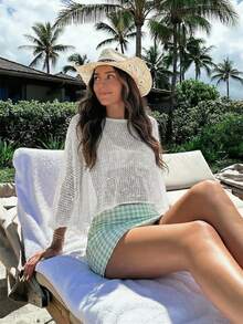 优雅女士春夏时尚休闲粉色针织系带水钻透视圆领极简针织上衣，适合日常休闲穿着、周末旅行、夏季海滩度假、摄影和节日穿着、情人节装扮，可爱上衣，夏季假日服装，女士春季服装 白色 - 白色 - 查看 6