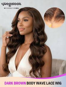 MEGALOOK 6英寸x5英寸波浪形秘鲁原生人发假发，巧克力棕色#4，100%未经加工，180%密度，透明蕾丝前额，可调节 - S4 - 查看 2