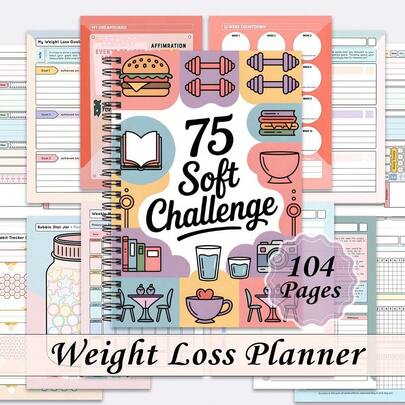75 Soft Challenge Weight Loss Planner Notebook 104 Pages, Cute Cartoon Fitness Journal, Habit Tracker, Goal Setting & 12 Week Countdown Wellness Planner For Healthy Living