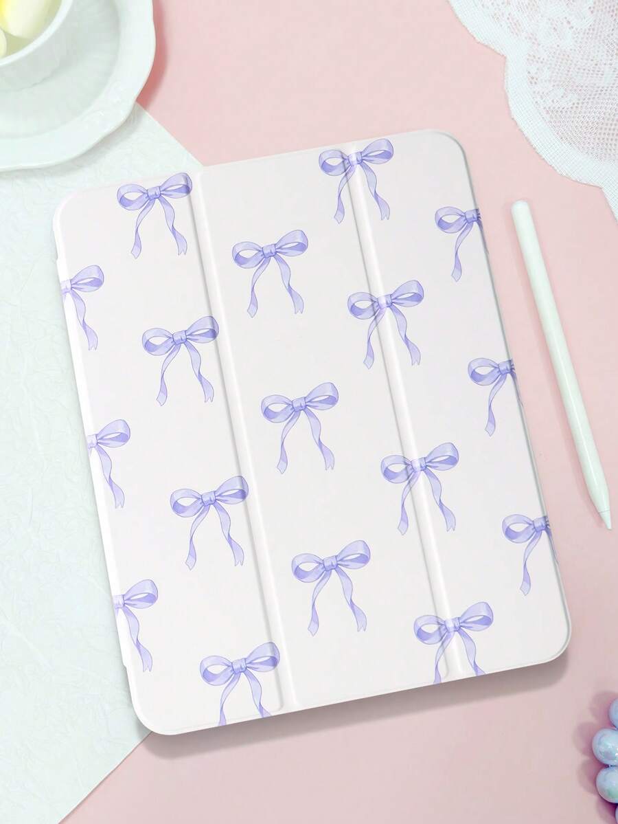 1pc Minimalist Fresh Purple Bow Pattern Painted Tablet Case, Compatible With IPad Mini4/Mini5/Mini6/Mini7/Air/Air2/9.7/10.2/10.5/Air4/Air5/10.9/Pro 11-Inch/10th Gen/ Air 11-In.(M2)-2024/ Pro11-In.(M4)-2024/Air 11-Inch (M3) 2025/ (A16) 11 Inch 11th Generation 2025, Galaxy Tab A8 10.5 Inch 2022, With Pencil Slot, 3-Fold Stand, TPU Soft Edge Protection, Magnetic Sleep/Wake, Personalized/Creative Tablet Folio Case - Mauve Purple - View 1