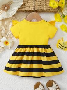 女婴夏季新款卡通蜜蜂圆领短袖条纹腰身连衣裙 - 彩色 - 查看 2