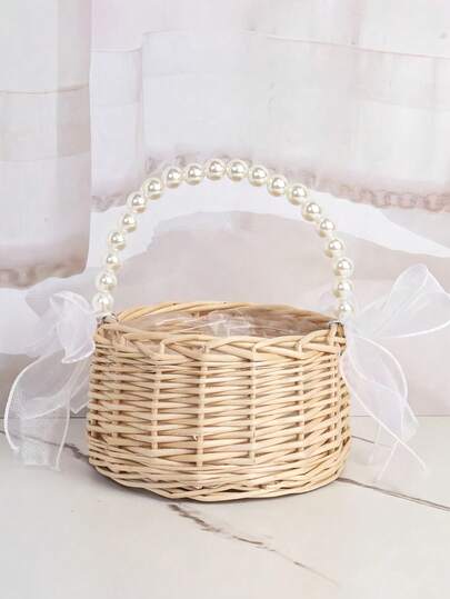 Handwoven Natural Rattan Flower Girl Basket, Pearl Petal Handle Colorful Bow Pumpkin Shaped Bridesmaid Gift Basket, Suitable For Halloween, Christmas, Wedding, Party, Festival Decoration, White Wedding Basket, Wedding Supplies, Party Supplies, Soft Decor