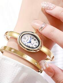 3 PiecesWomen's Watch Set, Including Stainless Steel Bracelet, Gold Quartz Watch, Elegant Oval Case And Dial - A Minimalist Luxury Watch Design Suitable For Daily Wear And Formal Occasions - Gold - View 7