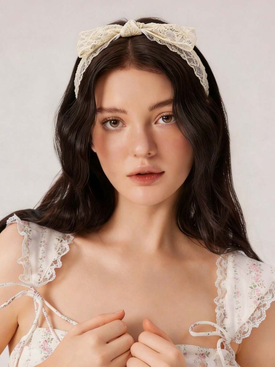 1件女士优雅甜美蕾丝蝴蝶结发带，适合日常佩戴、春夏、度假、婚礼、新娘搭配 - 彩色 - 查看 1