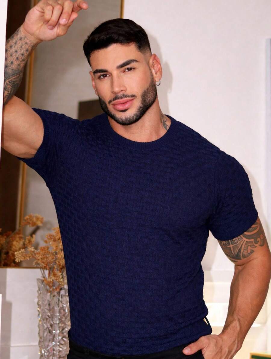 TRICOT DE LUXO camiseta masculina de tricô com manga curta gola redonda padrão verão chique homme - Azul Marinho - Visão 1
