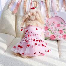 1pc Flocked Heart Mesh Cap Sleeve Dress, Lightweight And Airy, Suitable For Spring, Summer, Valentine's Day - Pink - View 1