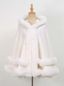 1pc Solid Color Double Layer Faux Fur Hooded Shawl - Multicolor - View 4