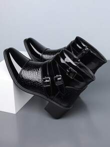 QRLQRL 1 Pair Men's Pointed Toe Low Heel Pull-On Mid-Calf Boots, PU Leather Upper, Rubber Sole, Non-Slip, Business Casual - Black - View 2