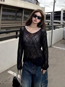 波西米亚风黑色不对称肩针织毛衣，女士夏季薄纱蕾丝罩衫，V领上衣 - 黑色 - 查看 5