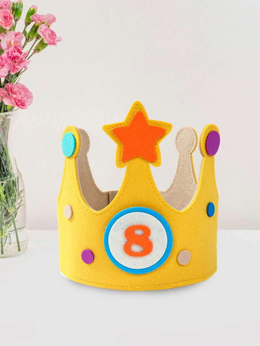 生日皇冠帽,带数字,毛毡皇冠,生日帽,生日皇冠,3D贴纸布艺皇冠,0-9可替换数字,生日蛋糕帽,派对装饰 - 黃色 - 查看 1