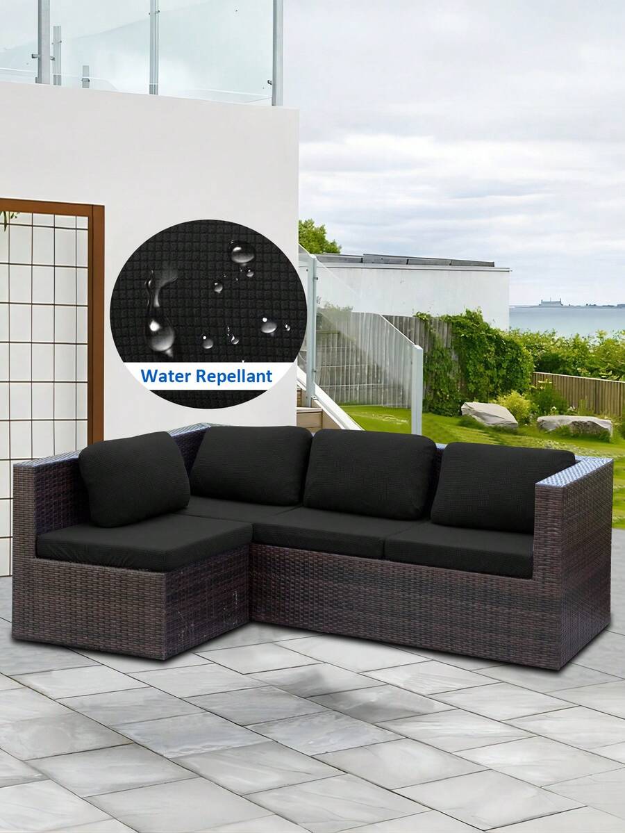 1pc Corn Kernel Jacquard Outdoor Sofa Seat Cushion Cover, Water-Resistant Solid Color Polyester Elastic Removable Semi-Wrap Sofa Cushion Cover, For Patio, Terrace, Garden Sofa - Black - View 1