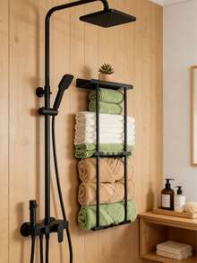 1pc Rabbit Design Towel Rack - Self-Adhesive With Shelf, Bathroom Towel Holder, Can Be Stuck On Bathroom Wall - Black - View 3