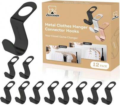 ZEDODIER Metal Clothes Hanger Connector Hooks, 12 Pack Super Sturdy Hanger Extender Hooks, Efficient Closet Space Saver, Easy To Use, Suitable For Heavy Clothing, Fits All Types Of Hangers, Black