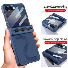 VIETAO Business Built-In Pen Mobile Phone Case Compatible With Samsung Galaxy Z Flip 7 6 Flip6 Faux Leather Full Cover Cases With Privacy Tempered Glass Screen Protector - Blue - View 4