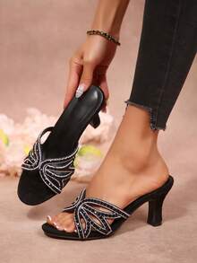 2026 Summer New Butterfly Rhinestone High Heel Mules, Elegant Thin Heel Slip-On Sandals For Women - Black - View 6