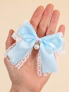 2件套甜美浅蓝色丝带蝴蝶结发夹，闪亮水钻珍珠蝴蝶蕾丝发夹，鳄鱼夹，节日礼物女孩发饰 - 淺藍色 - 查看 4