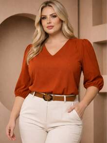Elegant Women's Blouse With 3/4 Sleeves And Elastic Waistband | Lightweight And Comfortable Fabric | Plus Sizes GG To G3 - Đất nung - Xem 1