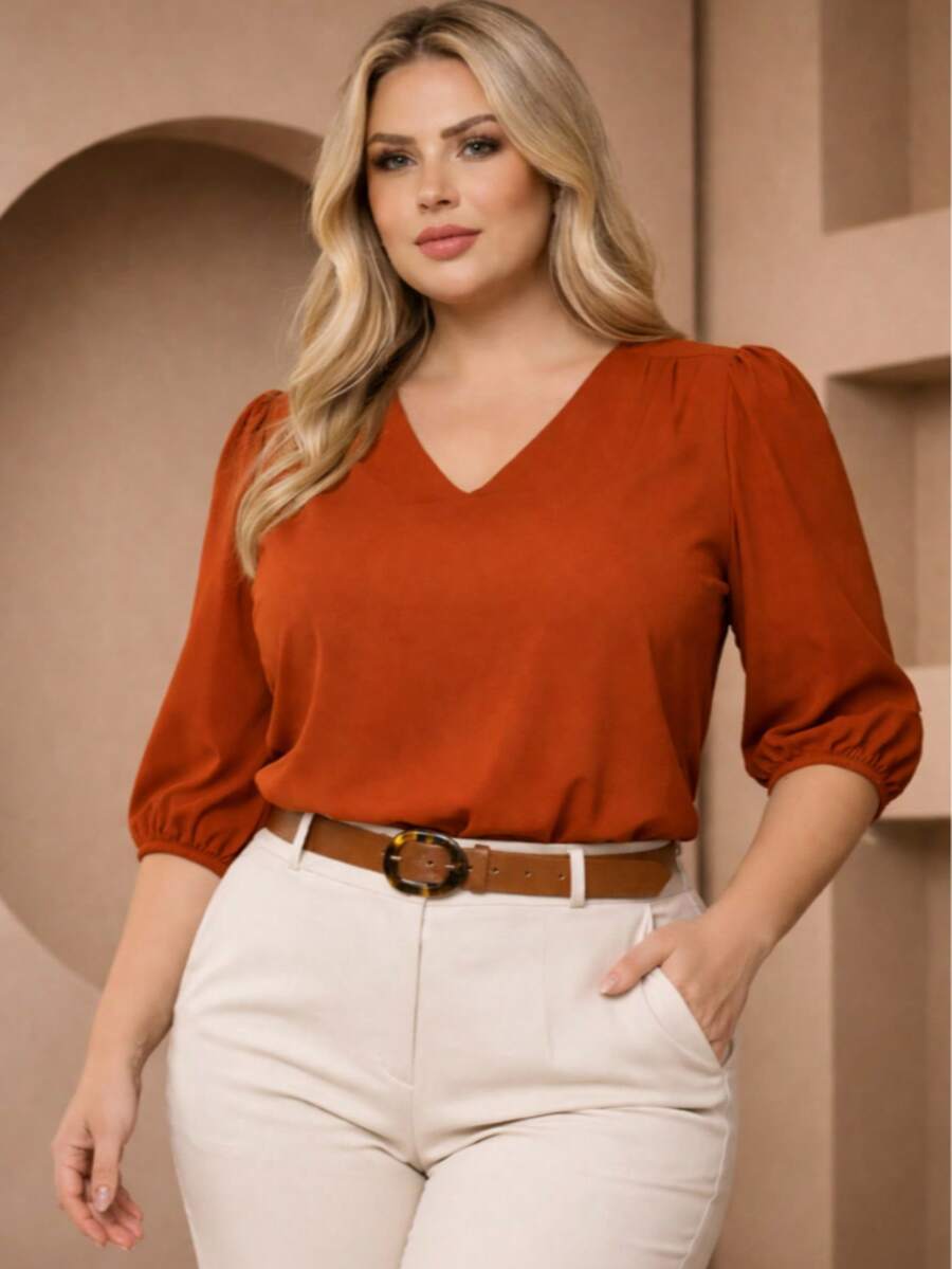 Elegant Women's Blouse With 3/4 Sleeves And Elastic Waistband | Lightweight And Comfortable Fabric | Plus Sizes GG To G3 - Đất nung - Xem 1