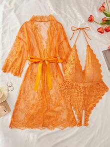 Plus Size Lace & Sexy Jumpsuit Combination, Perfect Sleepwear Set - Orange - View 3
